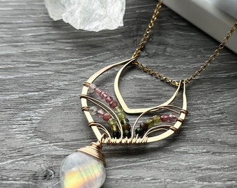 Rainbow Moonstone and Tourmaline Necklace, Gold and Genuine Gemstone Necklace, Unique Wire Wrapped Jewelry, Gift for her for Birthday