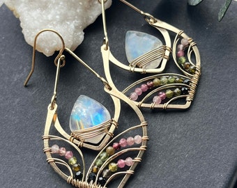 Rainbow Moonstone Statement Earrings, 14k Gold Fill & Tourmaline Earrings, Unique Wire Wrapped Jewelry, Christmas Earrings, Pearl Earrings