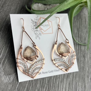 Rose Gold Statement Earrings, Imperial Topaz Earrings, Unique Wire Wrapped Jewelry, Pearl & Blue Topaz Earrings image 6