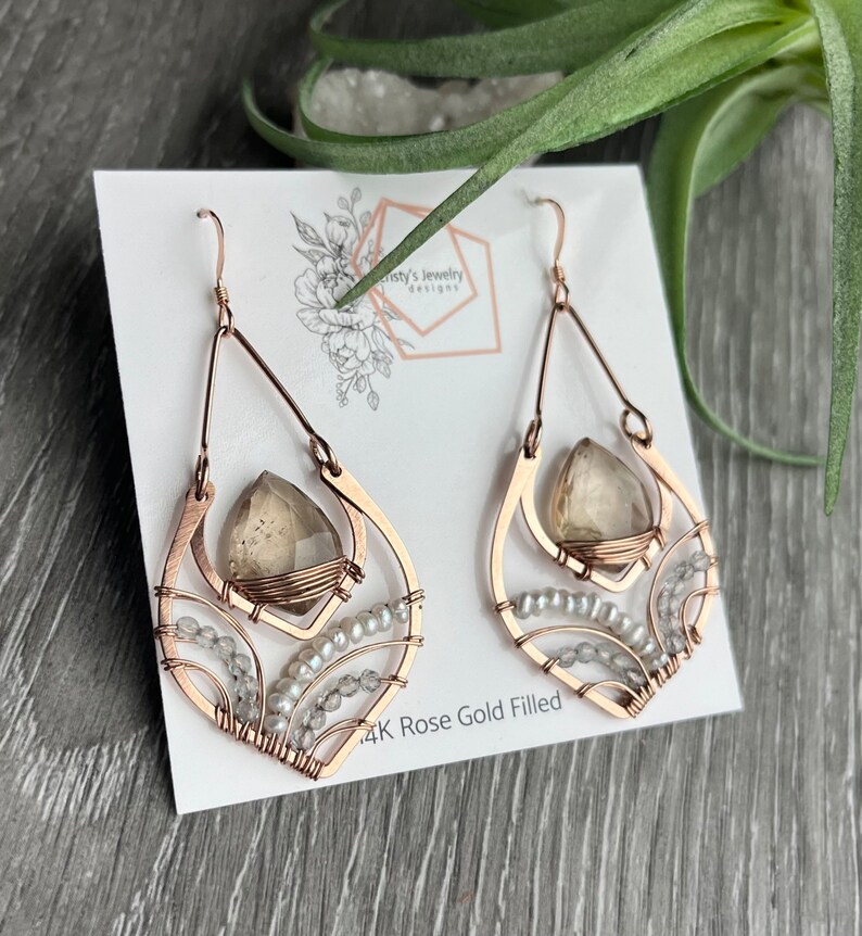 Rose Gold Statement Earrings, Imperial Topaz Earrings, Unique Wire Wrapped Jewelry, Pearl & Blue Topaz Earrings image 6