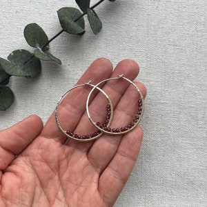 Silver & 14k Gold Fill Hoops, Garnet Earrings, Mixed Metal Gemstone Hoop Earrings, Large Nickel Free Hammered Hoop Earrings image 9