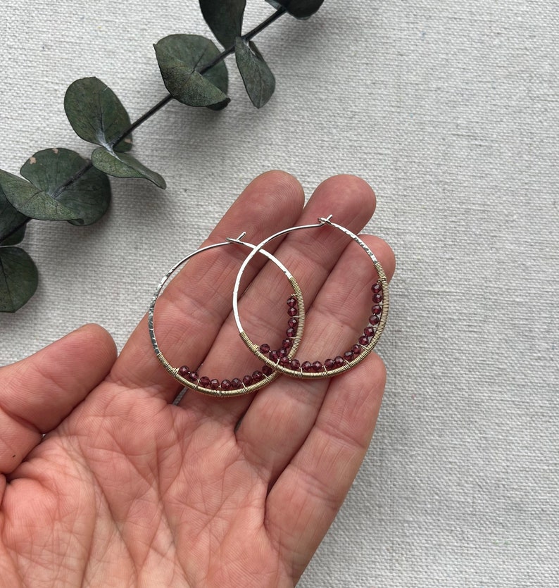 Silver & 14k Gold Fill Hoops, Garnet Earrings, Mixed Metal Gemstone Hoop Earrings, Large Nickel Free Hammered Hoop Earrings image 9