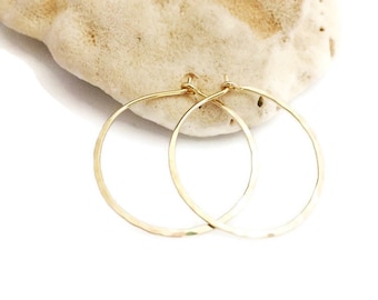 14K Gold Hammered Hoops - Medium, Light Weight Earrings, Minimalist Earrings, Textured Hoops