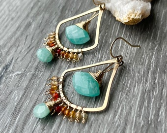 Amazonite and Carnelian Boho Earrings, Spring Gemstone Chandelier Earrings, Elegant Gold Earrings, Artisan Earrings for gift