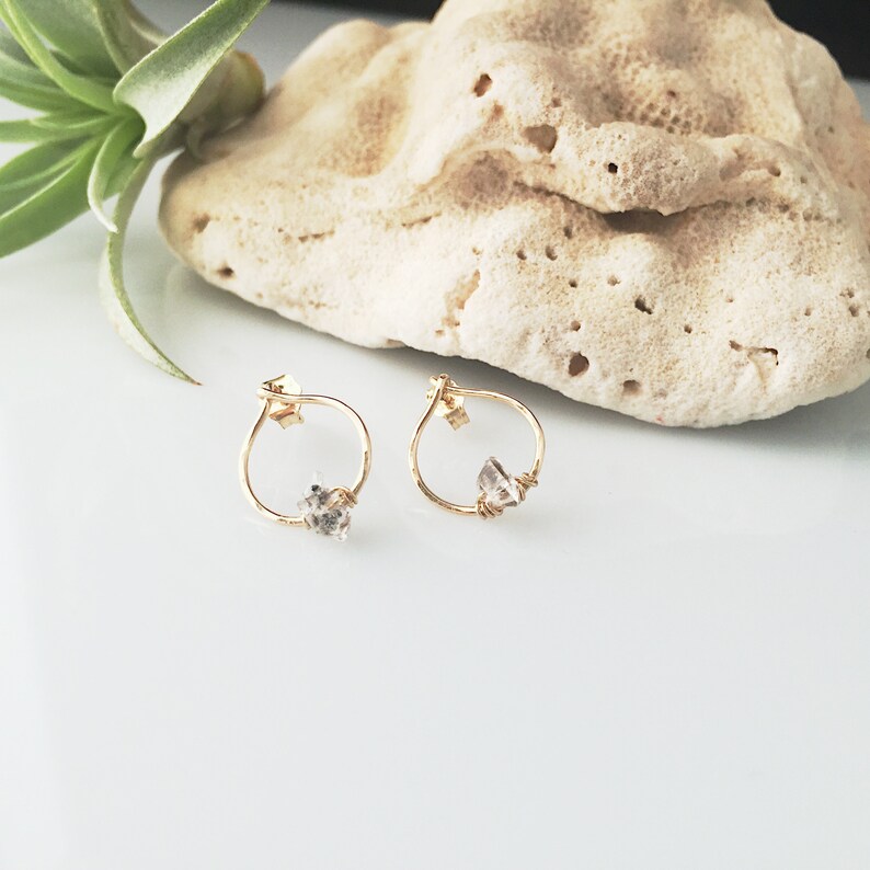 Hammered Teardrop Herkimer Diamond Quartz Post Earrings Sterling Silver Gold Filled Minimal Dainty Everyday Earrings