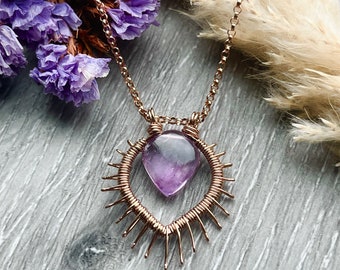 Rose Gold and Amethyst Necklace Dainty Crystal Wire Wrapped Gemstone Necklace for February Birthday Gift Purple Stone Necklace For Birthday