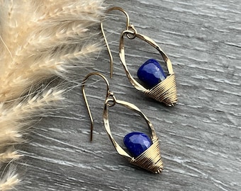 14K Gold Fill & Lapis Lazuli Earrings, Dainty Wire Wrapped Earrings, Gemstone Drop Earrings, Hammered Gold Cocoon Earrings