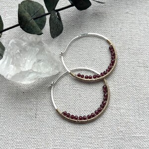 Silver & 14k Gold Fill Hoops, Garnet Earrings, Mixed Metal Gemstone Hoop Earrings, Large Nickel Free Hammered Hoop Earrings image 6