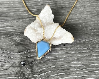 Geometric Blue Opal Gemstone Necklace, 14K Gold Fill or Sterling Silver Necklace, Dainty Modern Crystal Necklace
