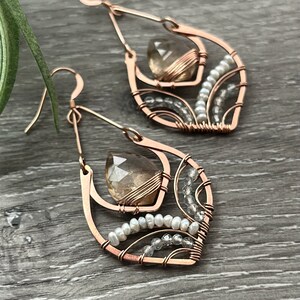 Rose Gold Statement Earrings, Imperial Topaz Earrings, Unique Wire Wrapped Jewelry, Pearl & Blue Topaz Earrings image 2