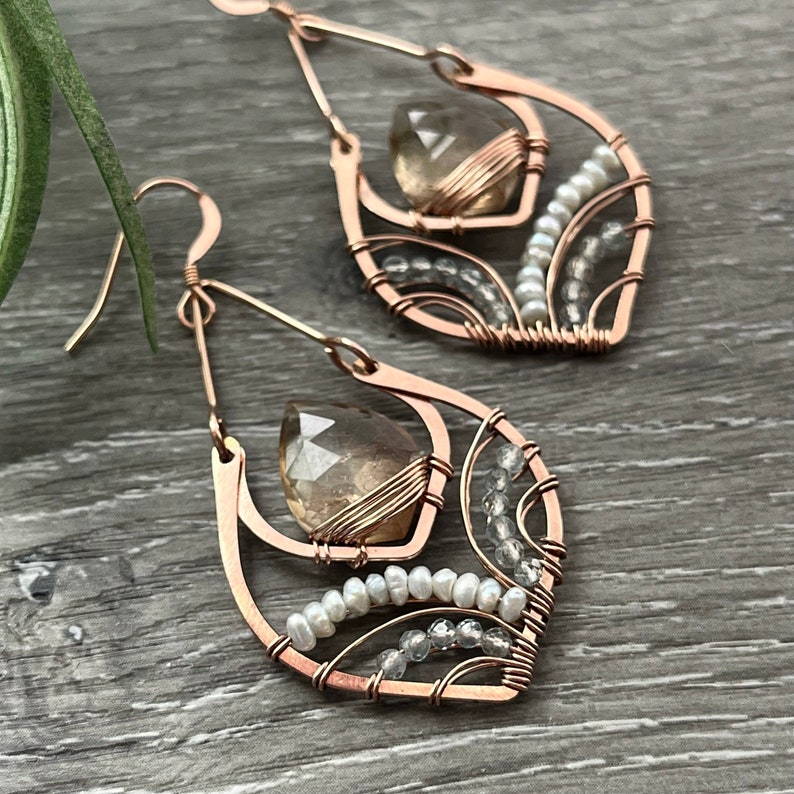 Rose Gold Statement Earrings, Imperial Topaz Earrings, Unique Wire Wrapped Jewelry, Pearl & Blue Topaz Earrings image 2