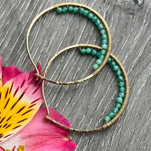 14k Gold Fill Hoops, Green Chrysoprase Earrings, Gemstone Beaded Hoop Earrings, Large Nickel Free Hammered Hoop Earrings image 3