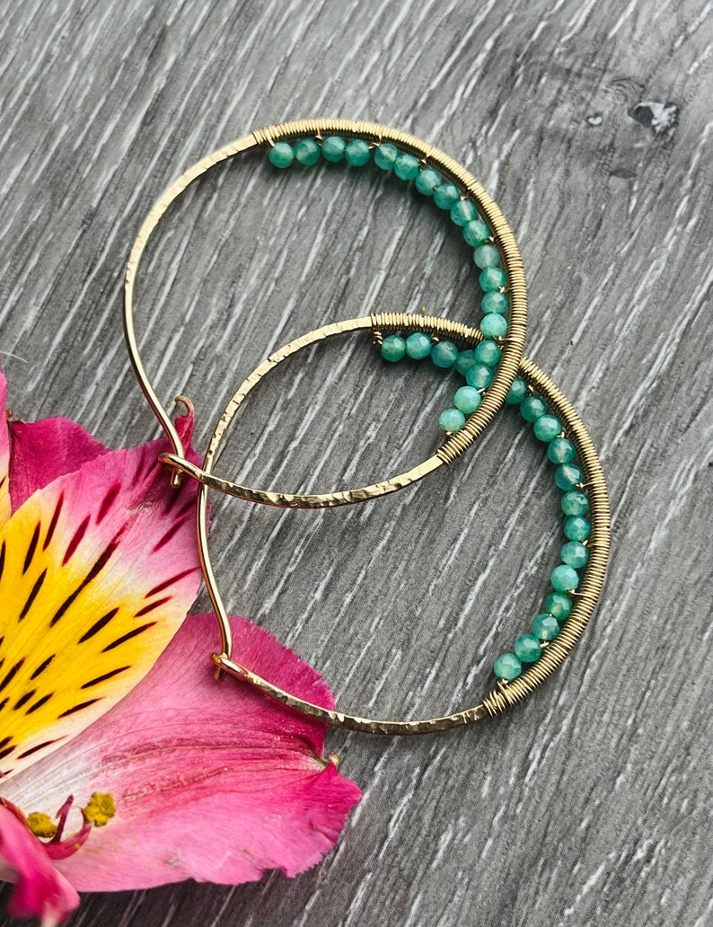 14k Gold Fill Hoops, Green Chrysoprase Earrings, Gemstone Beaded Hoop Earrings, Large Nickel Free Hammered Hoop Earrings image 3