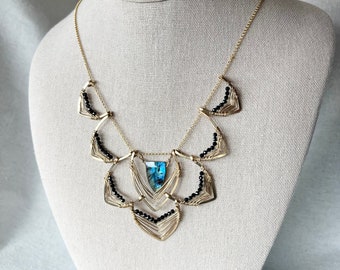 Labradorite and Gold Statement Necklace, Wire Wrapped Peacock Feather Necklace