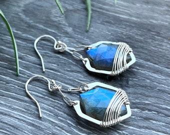 Geometric Labradorite Earrings, Sterling Silver Statement Earrings, Gemstone Hexagon Jewelry