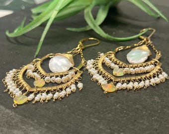 14k Gold Pearl Opal Chandelier Earrings, Boho Bridal Statement Jewelry