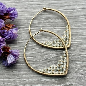 Prehnite Hoop Earrings, 14k Gold Filled Wire Wrapped Earrings, Powder Blue Gemstone Hoops, Unique Hoops image 1