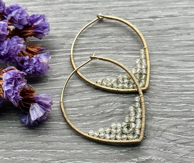 Prehnite Hoop Earrings, 14k Gold Filled Wire Wrapped Earrings, Powder Blue Gemstone Hoops, Unique Hoops zdjęcie 1