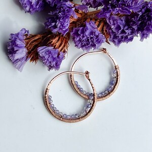 Tanzanite Beaded Hoop Earrings, Small 14k Rose Gold Filled Wire Wrapped Earrings, Powder Blue Gemstone Hoops, Unique Hoops image 2