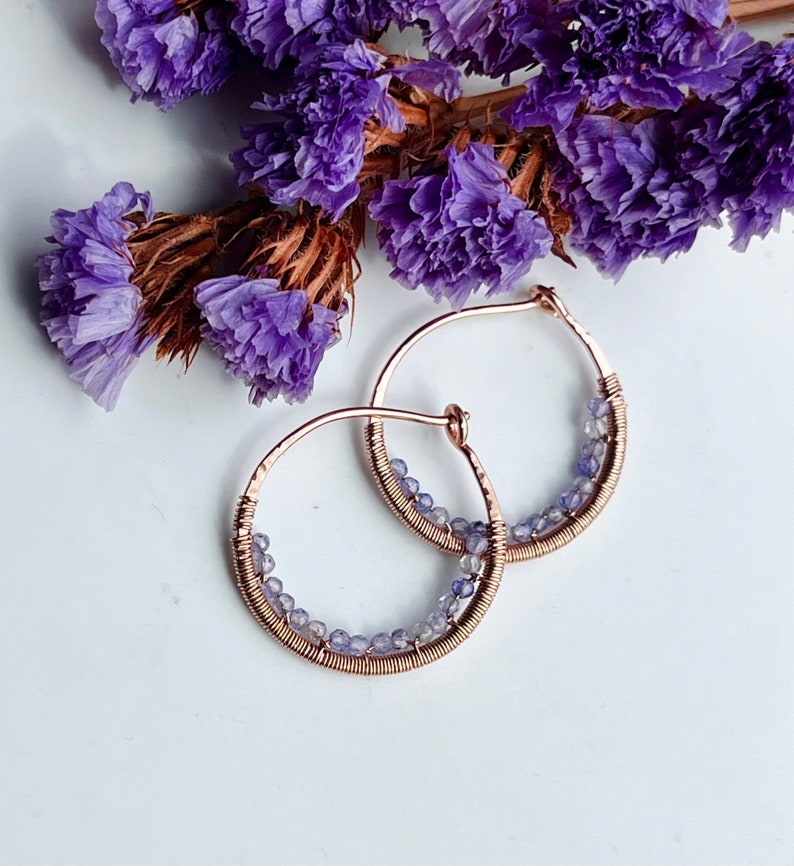 Tanzanite Beaded Hoop Earrings, Small 14k Rose Gold Filled Wire Wrapped Earrings, Powder Blue Gemstone Hoops, Unique Hoops image 2