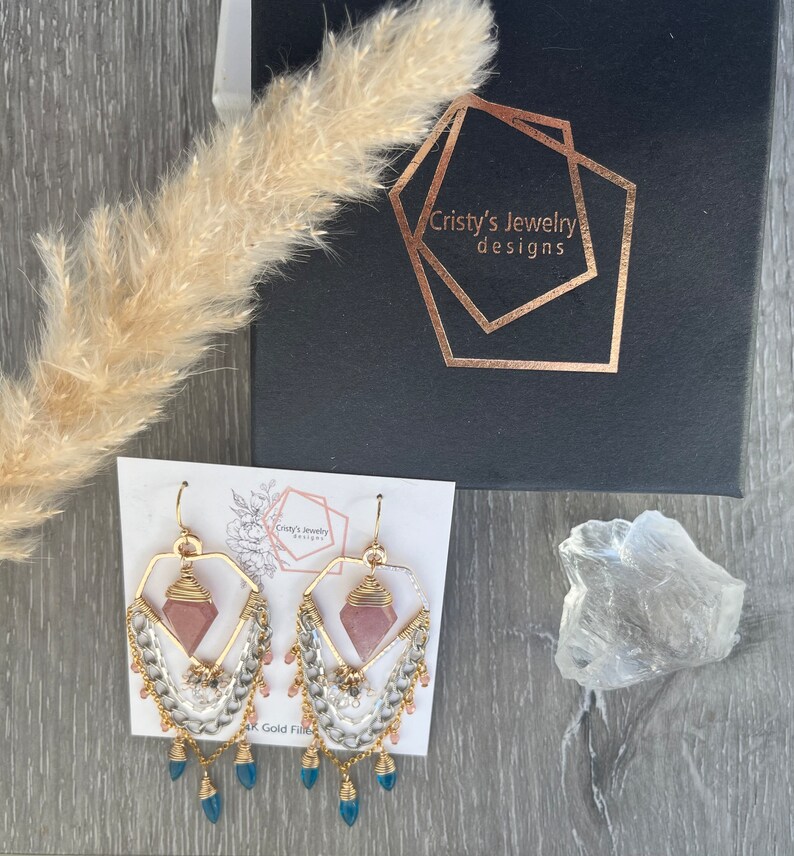 Mixed Metal Statement Earrings, Spring Gemstone Chandelier Earrings, Elegant Earrings, Geometric Earrings for birthday and girlfriend gift image 9
