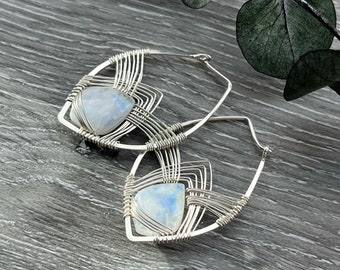 Silver &  Rainbow Moonstone Leaf Hoop Earrings, Nickel-Free Art Deco Earrings, Sterling Silver Wire Jewelry, Unique Handmade Earrings