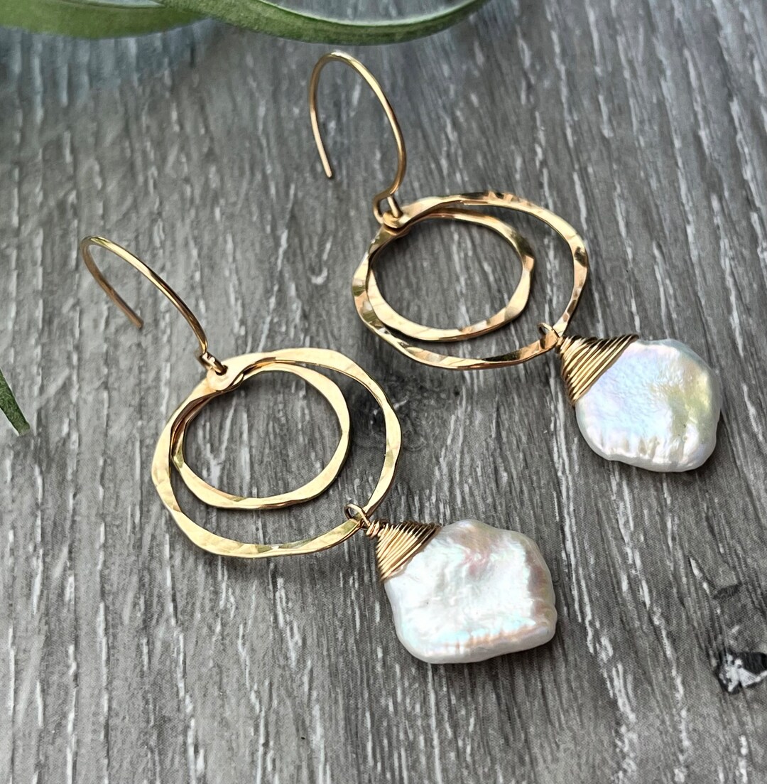 Pearl Hoop Earrings, 14k Gold Fill Double Hammered Hoop Earrings, 14K