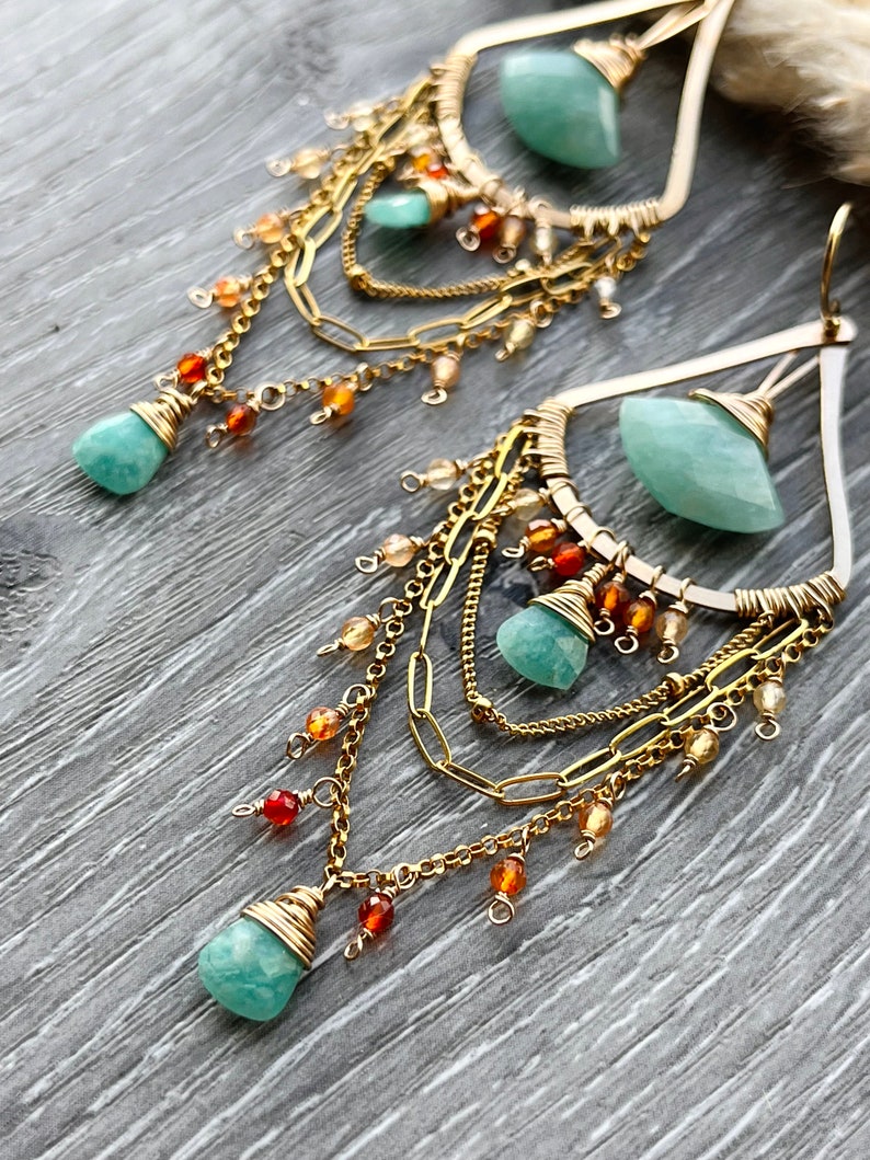 Boucles d'oreilles bohèmes, boucles d'oreilles printanières en pierres précieuses, boucles d'oreilles élégantes en or, boucles d'oreilles en amazonite pour un cadeau d'anniversaire ou de petite amie image 1