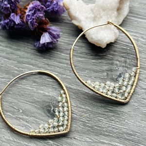 Prehnite Hoop Earrings, 14k Gold Filled Wire Wrapped Earrings, Powder Blue Gemstone Hoops, Unique Hoops 14k Gold Fill
