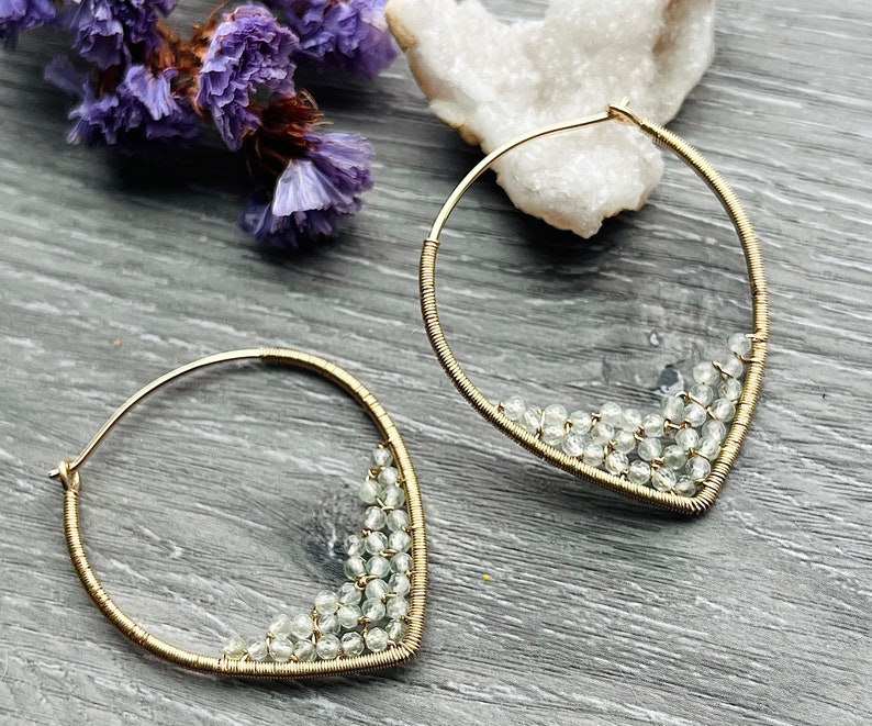 Prehnite Hoop Earrings, 14k Gold Filled Wire Wrapped Earrings, Powder Blue Gemstone Hoops, Unique Hoops 14k Gold Fill