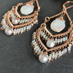 Rose Gold, Pearl and Opal Chandelier Wedding Earrings for Bride, 14k Gold Boho Statement Earrings Gift for Wife for Birthday or Anniversary image 1