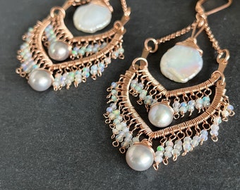 Rose Gold, Pearl and Opal Chandelier Wedding Earrings for Bride, 14k Gold Boho Statement Earrings Gift for Wife for Birthday or Anniversary