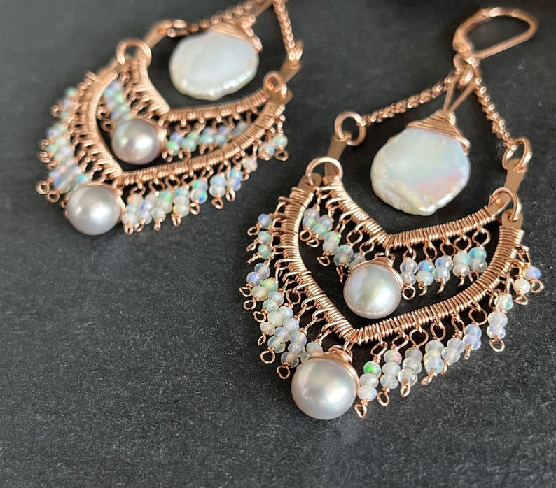 Rose Gold, Pearl and Opal Chandelier Wedding Earrings for Bride, 14k Gold Boho Statement Earrings Gift for Wife for Birthday or Anniversary image 1