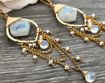 Rainbow Moonstone Chandelier Earrings, 14K Gold Fill Boho Earrings, Gemstone Leaf Statement Earrings, Wedding Earrings, Bridal Jewelry