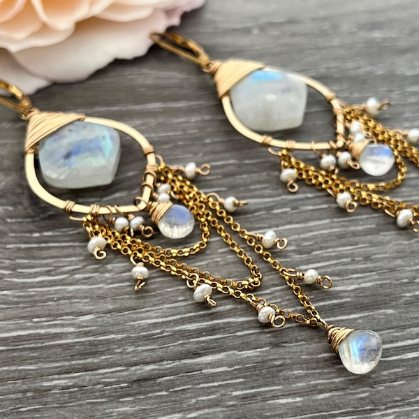 Rainbow Moonstone Chandelier Earrings, 14K Gold Fill Boho Earrings, Gemstone Leaf Statement Earrings, Wedding Earrings, Bridal Jewelry