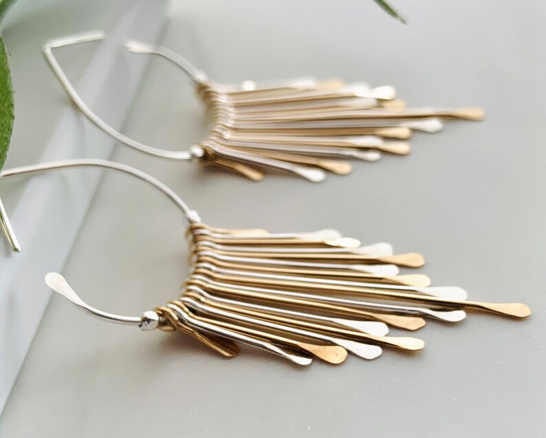 Silver & Gold Boho Fringe Hoop Earrings, Mixed Metal Art Deco Earrings, Teardrop Hoops, Sterling Silver Jewelry image 2