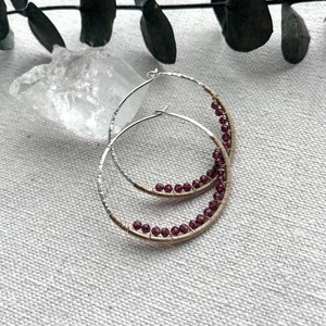 Silver & 14k Gold Fill Hoops, Garnet Earrings, Mixed Metal Gemstone Hoop Earrings, Large Nickel Free Hammered Hoop Earrings image 2