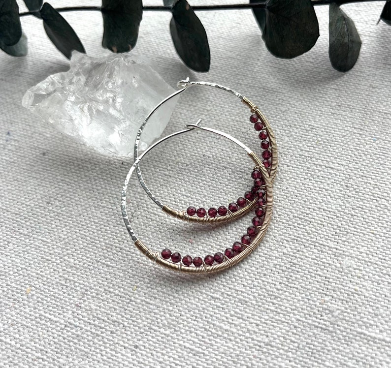 Silver & 14k Gold Fill Hoops, Garnet Earrings, Mixed Metal Gemstone Hoop Earrings, Large Nickel Free Hammered Hoop Earrings image 2