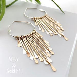 Silver & Gold Boho Fringe Hoop Earrings, Mixed Metal Art Deco Earrings, Teardrop Hoops, Sterling Silver Jewelry image 9