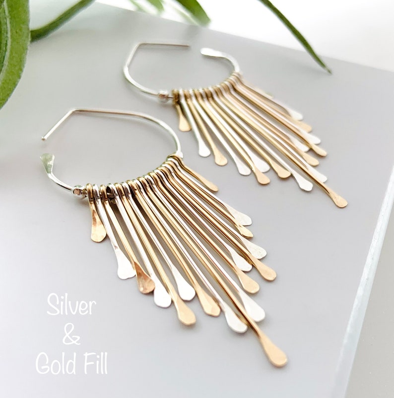 Silver & Gold Boho Fringe Hoop Earrings, Mixed Metal Art Deco Earrings, Teardrop Hoops, Sterling Silver Jewelry image 9