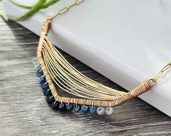Ombré Sapphire Statement Necklace, Boho Gemstone Necklace, Gold Fill Geometric Necklace, Gift For Women, Unique Artisan Jewellery