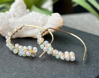 Opal Threader Earrings, 14K Gold Filled Bridesmaid Earrings, Gemstone Open Hoop Earrings, Elegant Earrings