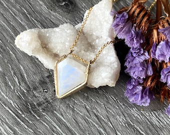 Geometric Rainbow Moonstone Gemstone Necklace, 14K Gold Fill or Sterling Silver Necklace, Dainty Modern Crystal Necklace