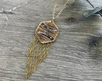 Sapphire Hexagon Necklace, 14k Gold Filled Geometric Pendant,  Boho Blue Ombré Necklace, Chain Fringe Necklace