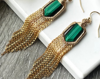 Long Gold Fringe Chain Earrings, Geometric Malachite Earrings, Elegant Opal Earrings, Gold Statement Earrings for birthday gift