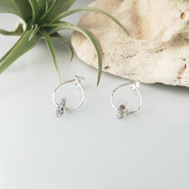 Hammered Teardrop Herkimer Diamond Quartz Post Earrings Sterling Silver Gold Filled Minimal Dainty Everyday Earrings