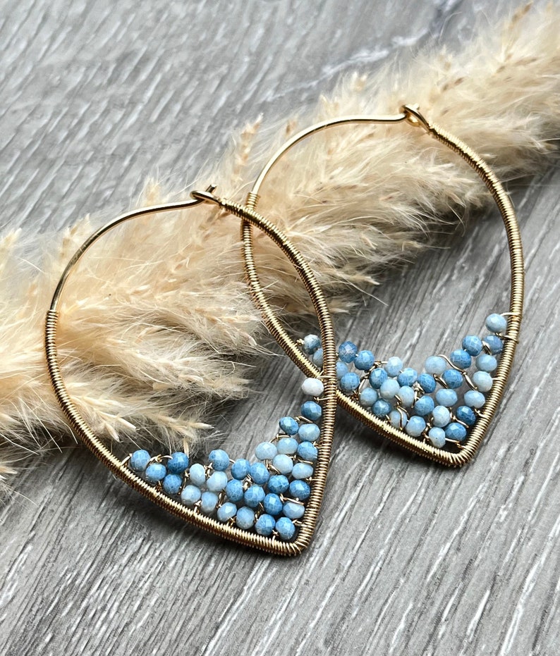 Blue Opal Hoop Earrings, 14k Gold Filled Wire Wrapped Earrings, Powder Blue Gemstone Hoops, Unique Hoops image 1