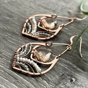 Rose Gold Statement Earrings, Imperial Topaz Earrings, Unique Wire Wrapped Jewelry, Pearl & Blue Topaz Earrings image 1