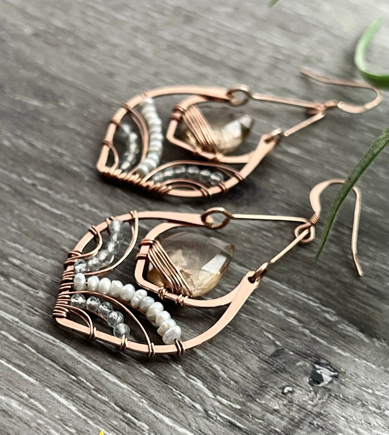 Rose Gold Statement Earrings, Imperial Topaz Earrings, Unique Wire Wrapped Jewelry, Pearl & Blue Topaz Earrings image 1