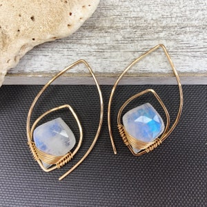 Rainbow Moonstone Earrings: 14Kt Rose Gold Fill Leaf Threader Earrings